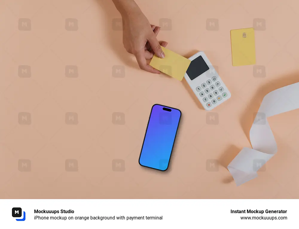 iPhone mockup on orange background with payment terminal