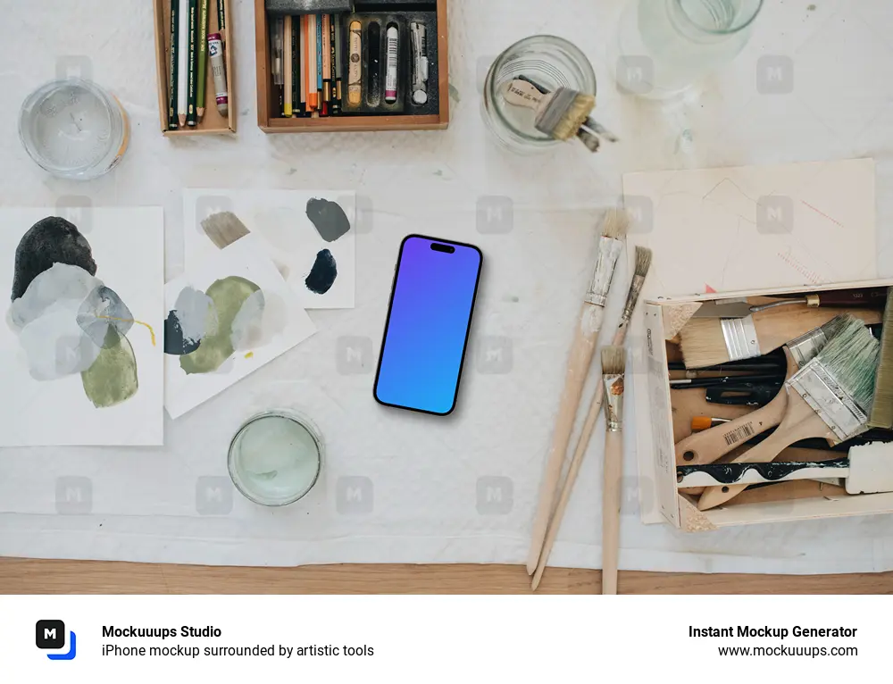 iPhone mockup surrounded by artistic tools