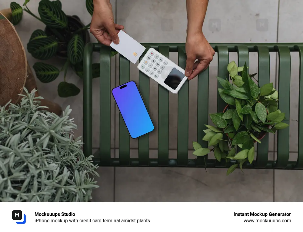 iPhone mockup with credit card terminal amidst plants