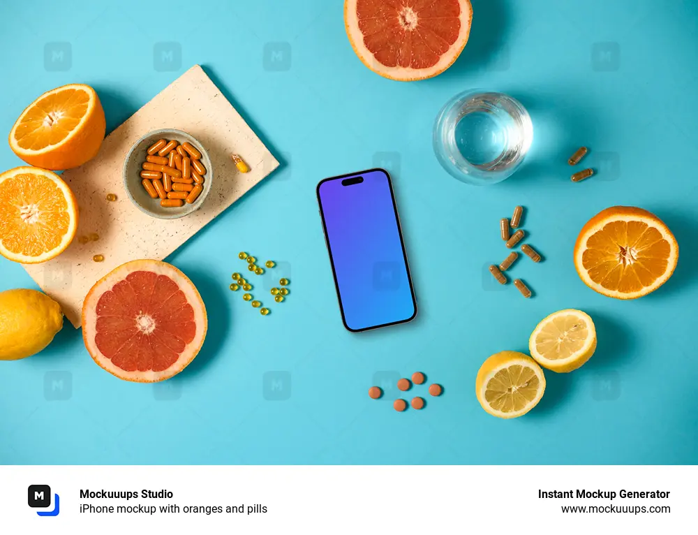 iPhone mockup with oranges and pills
