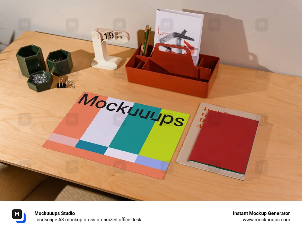 Landscape A3 mockup on an organized office desk