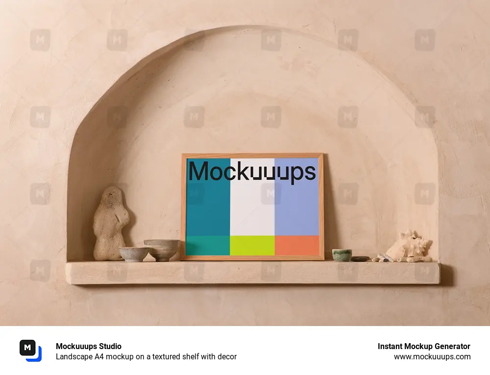 Landscape A4 mockup on a textured shelf with decor