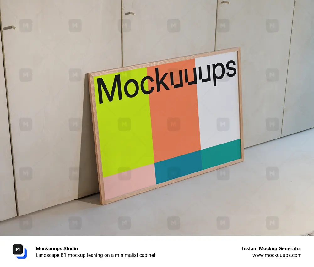 Landscape B1 mockup leaning on a minimalist cabinet