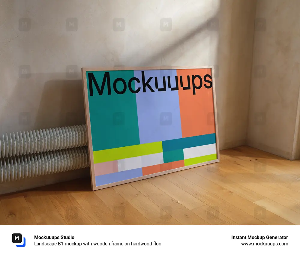 Landscape B1 mockup with wooden frame on hardwood floor