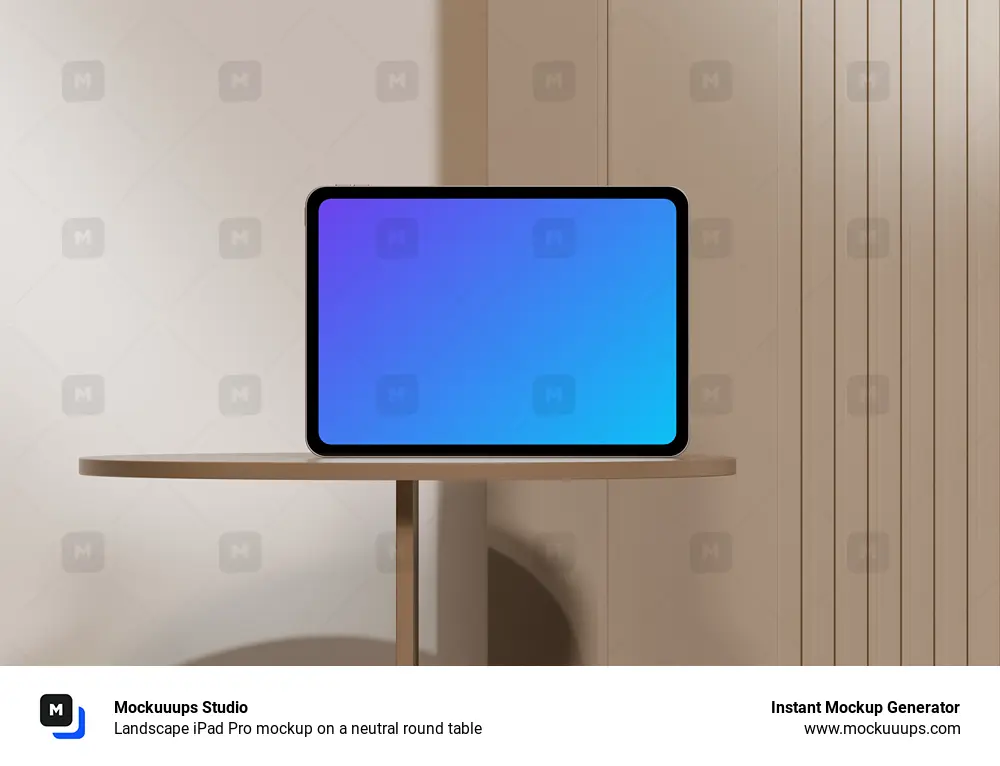 Landscape iPad Pro mockup on a neutral round table