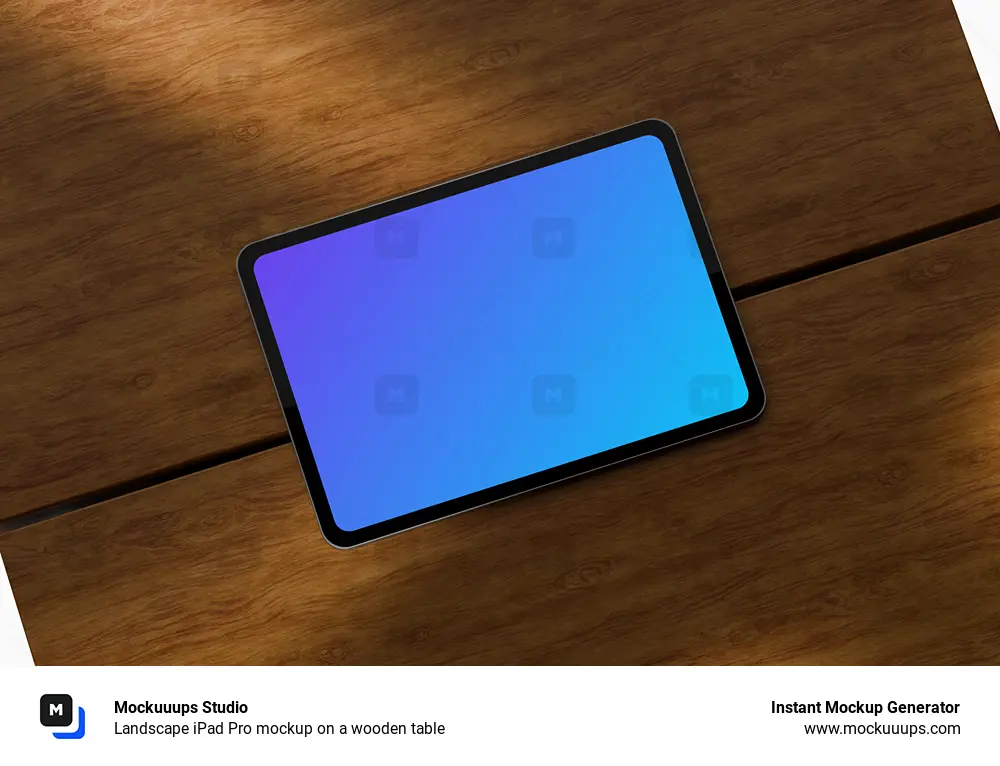Landscape iPad Pro mockup on a wooden table