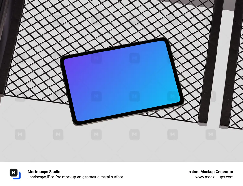 Landscape iPad Pro mockup on geometric metal surface