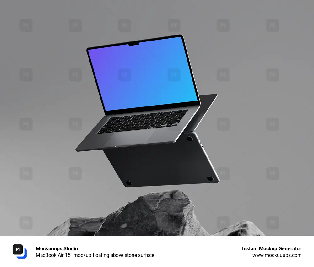 MacBook Air 15" mockup floating above stone surface