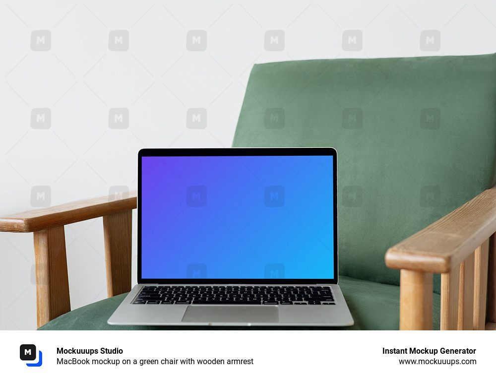 MacBook mockup on a green chair with wooden armrest