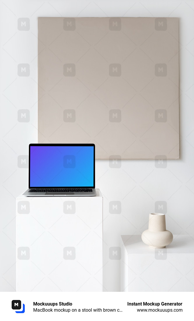 MacBook mockup on a stool with brown canvas