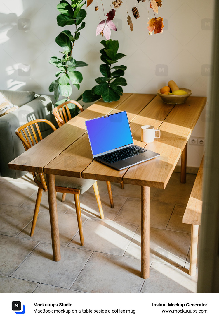 MacBook mockup on a table beside a coffee mug