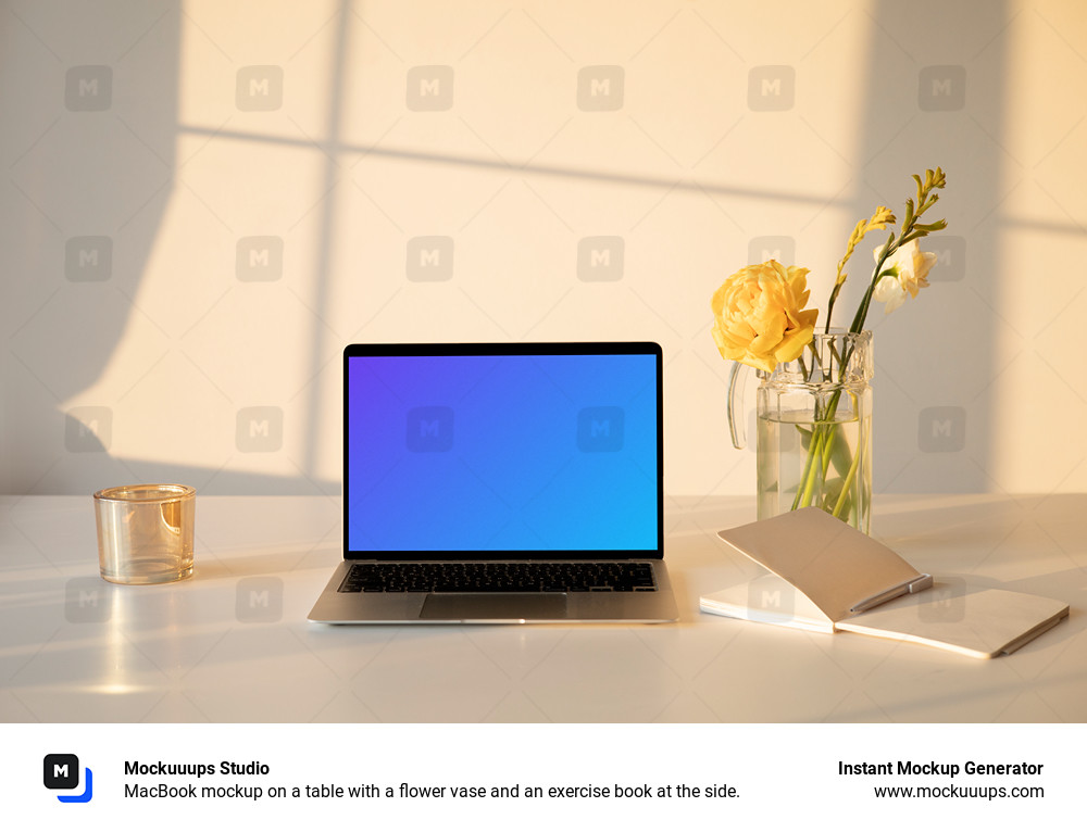 MacBook mockup on a table with a flower vase and an exercise book at the side.