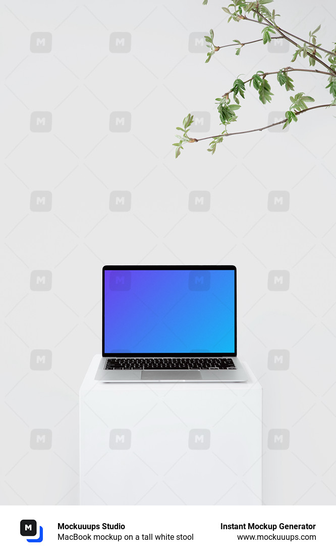 MacBook mockup on a tall white stool