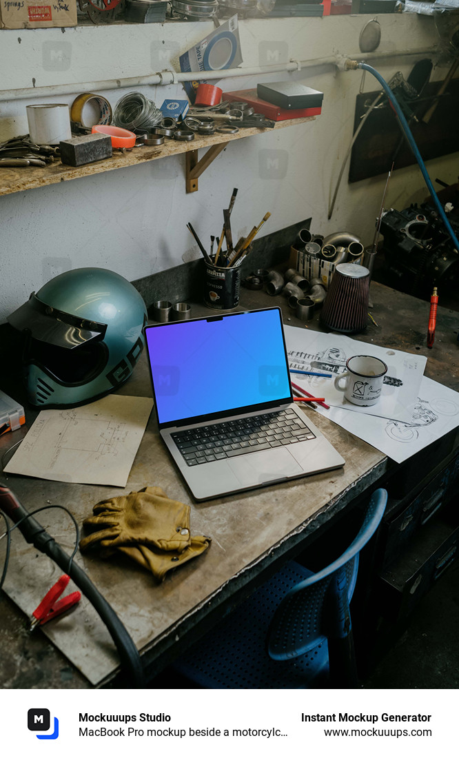 MacBook Pro mockup beside a motorcylce helmet