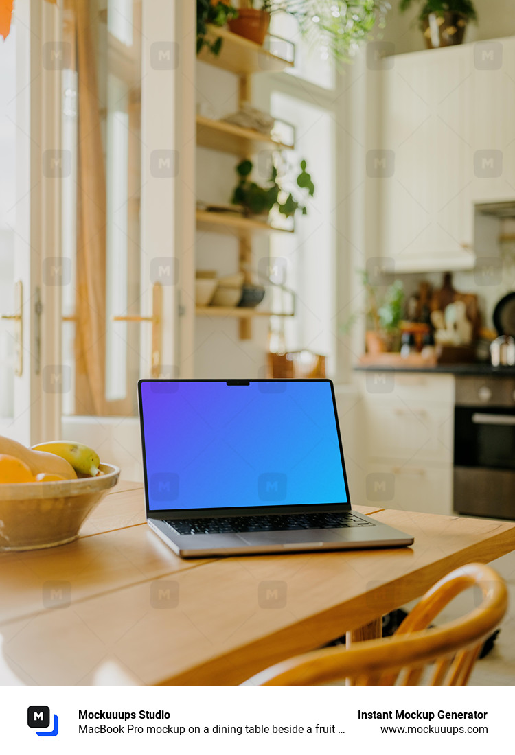 MacBook Pro mockup on a dining table beside a fruit basket