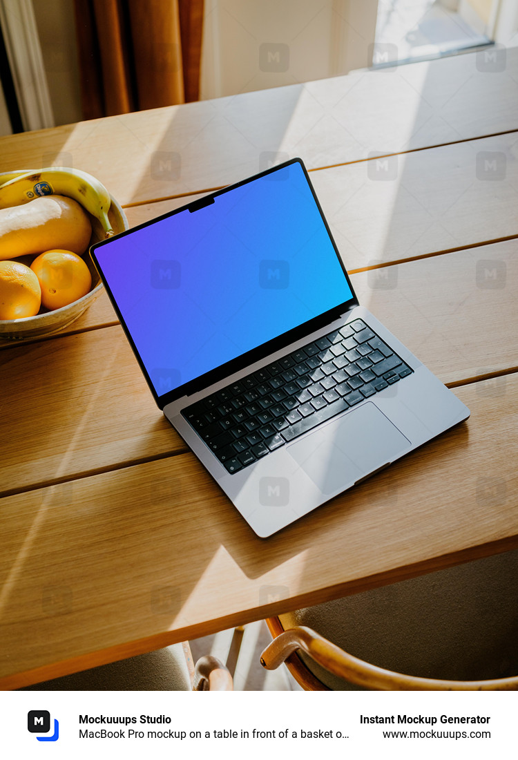 MacBook Pro mockup on a table in front of a basket of fruits