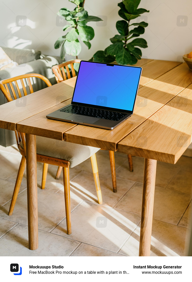 Free MacBook Pro mockup on a table with a plant in the background