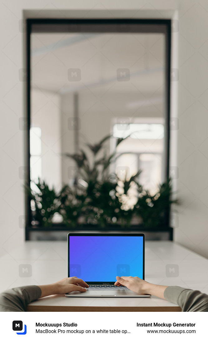 MacBook Pro mockup on a white table opposite an large mirror