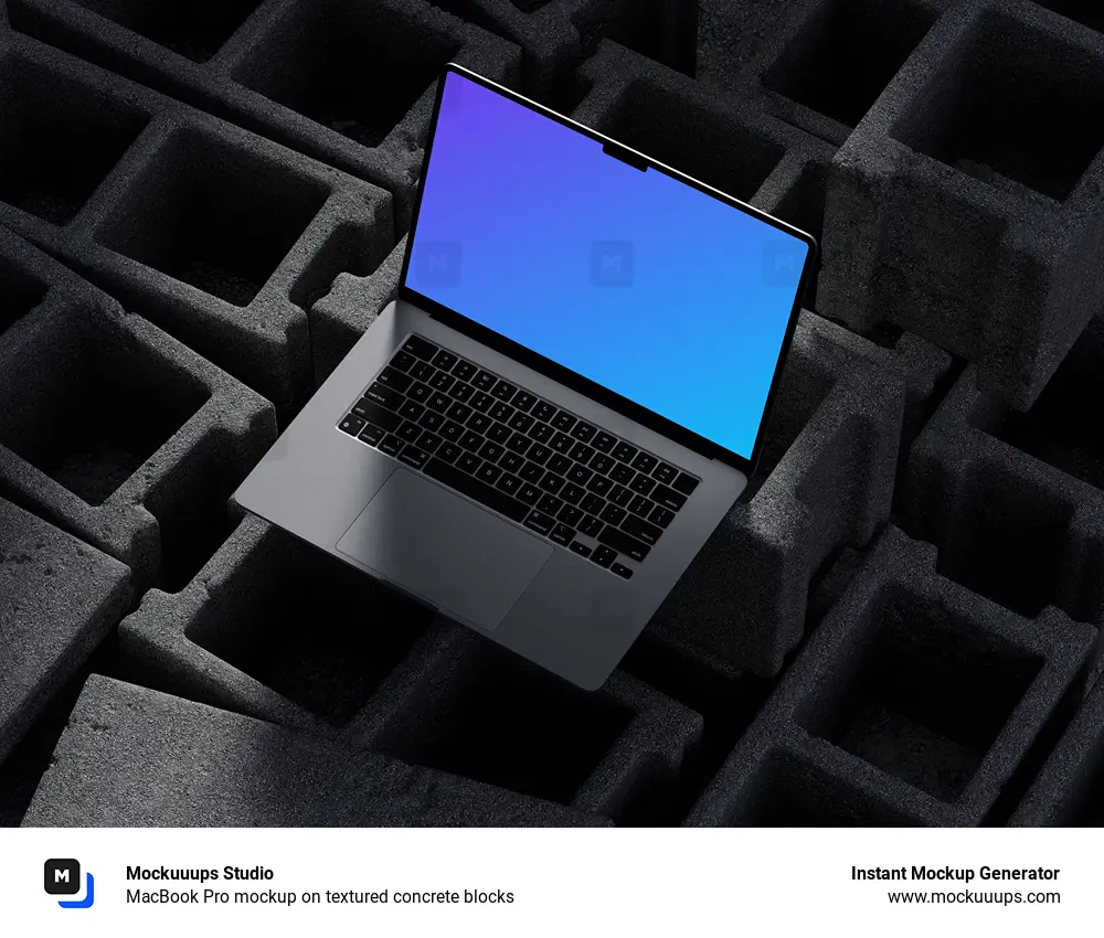 MacBook Pro mockup on textured concrete blocks