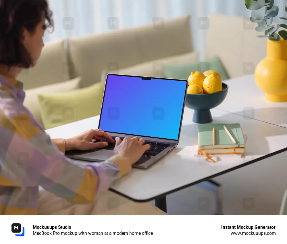 MacBook Pro mockup with woman at a modern home office