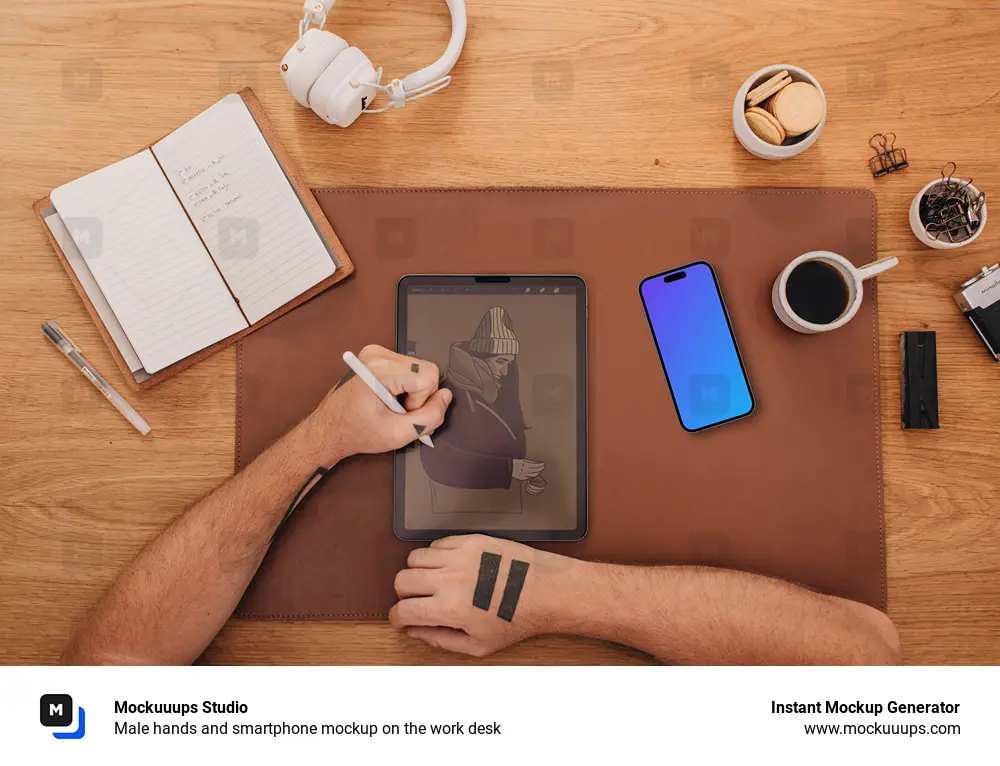 Male hands and smartphone mockup on the work desk