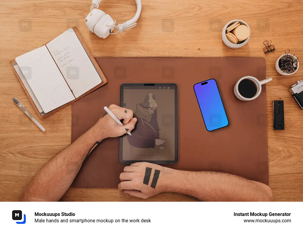 Male hands and smartphone mockup on the work desk