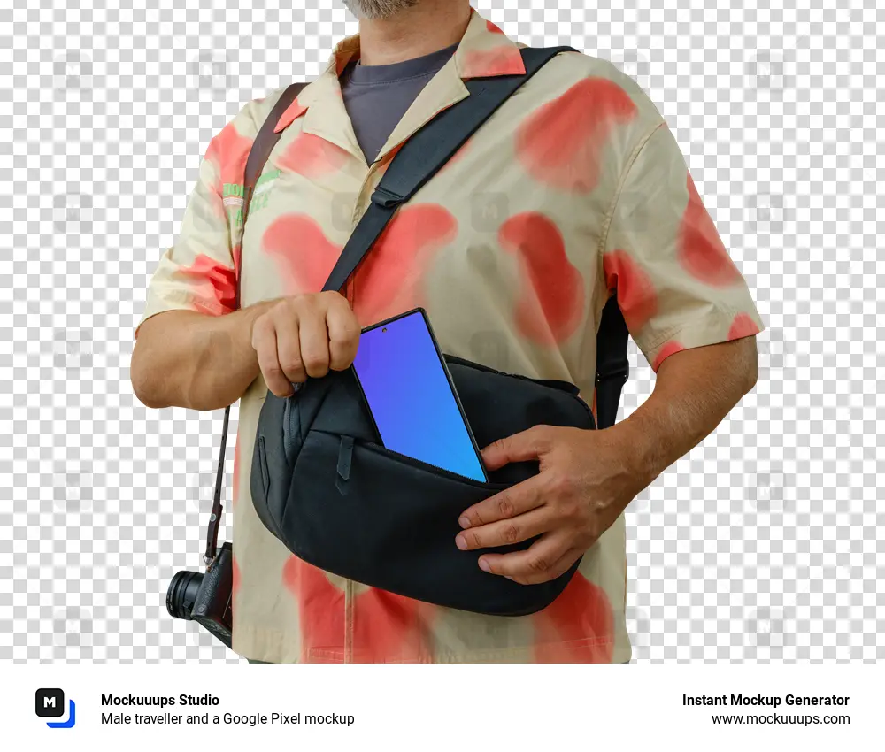 Male traveller and a Google Pixel mockup