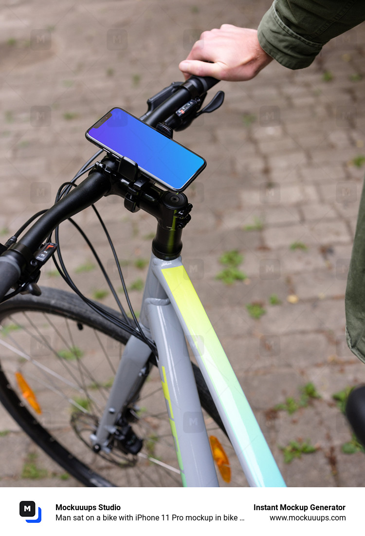 Man sat on a bike with iPhone 11 Pro mockup in bike mount