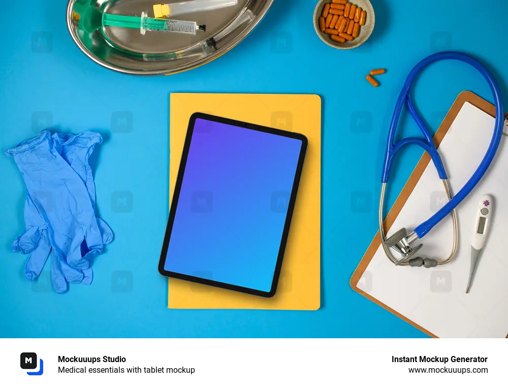 Medical essentials with tablet mockup