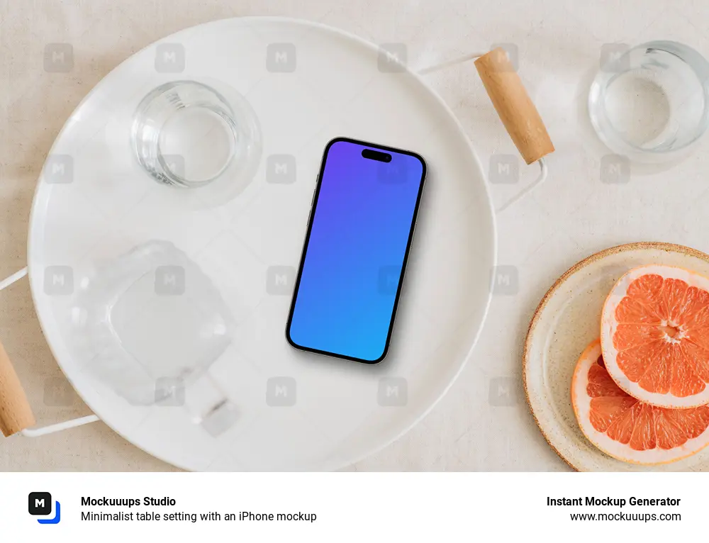 Minimalist table setting with an iPhone mockup