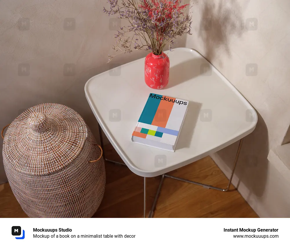Mockup of a book on a minimalist table with decor