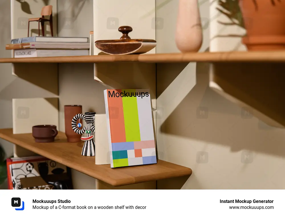 Mockup of a C-format book on a wooden shelf with decor