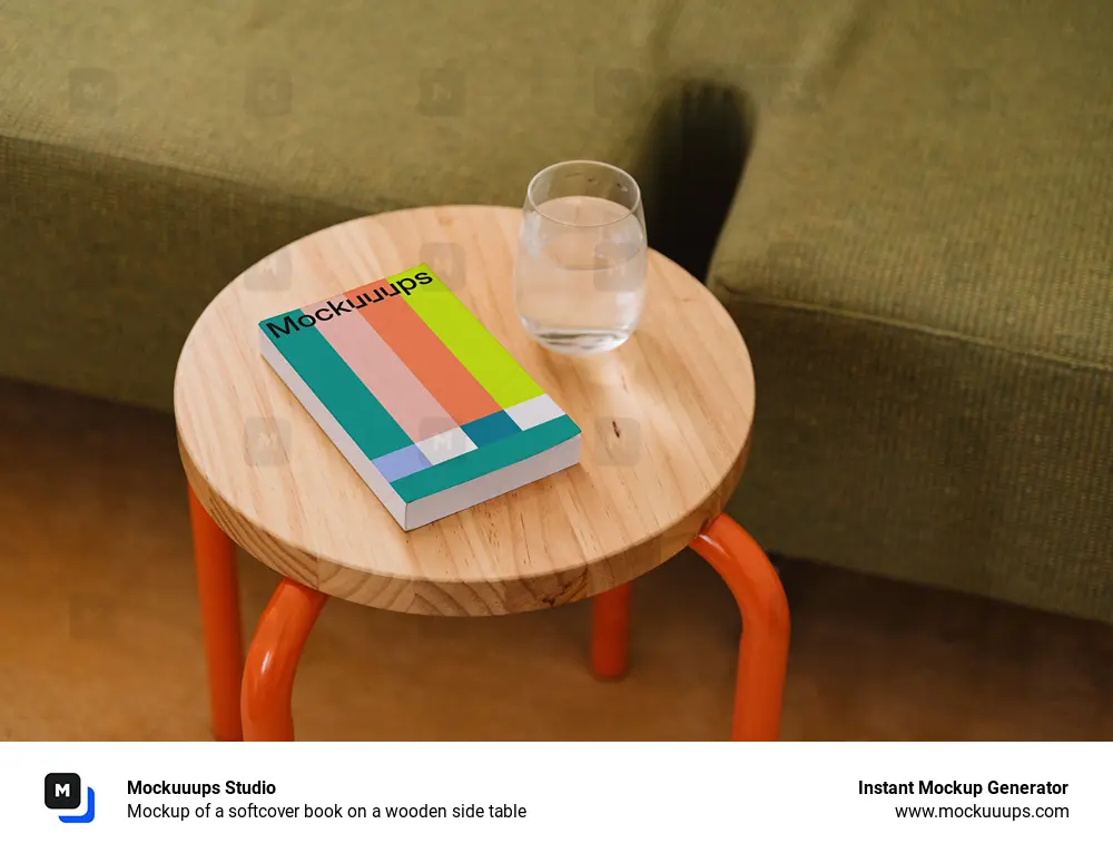 Mockup of a softcover book on a wooden side table
