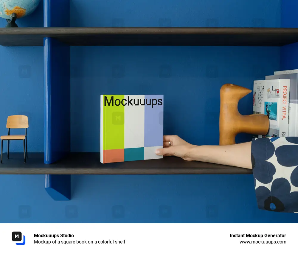 Mockup of a square book on a colorful shelf