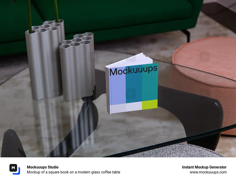 Mockup of a square book on a modern glass coffee table