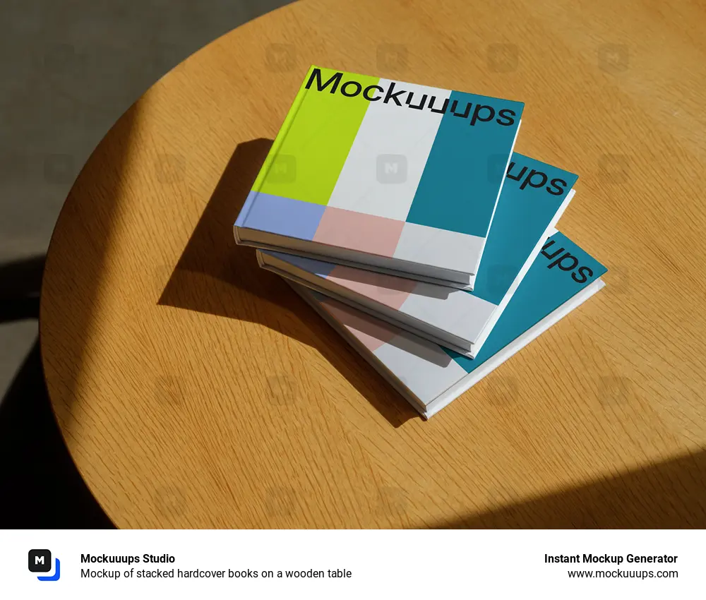 Mockup of stacked hardcover books on a wooden table