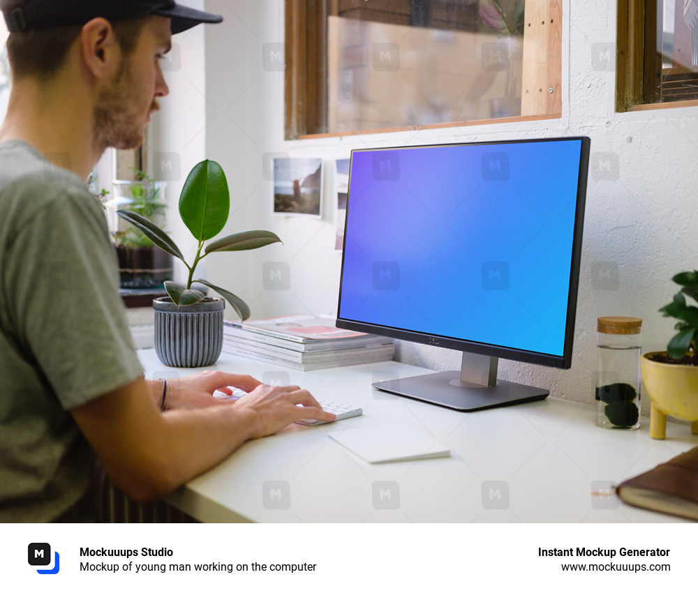 Mockup of young man working on the computer