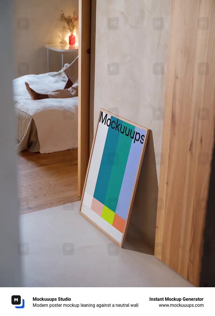 Modern poster mockup leaning against a neutral wall
