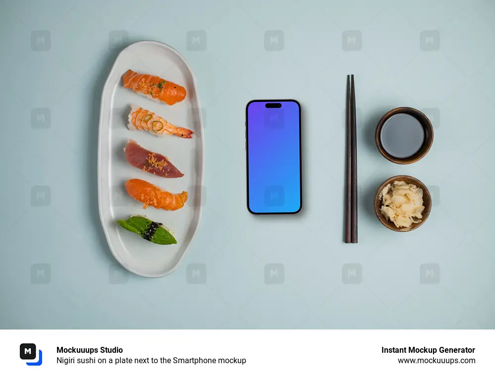 Nigiri sushi on a plate next to the Smartphone mockup