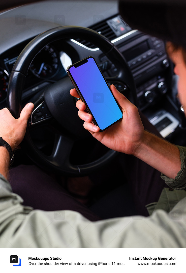 Over the shoulder view of a driver using iPhone 11 mockup