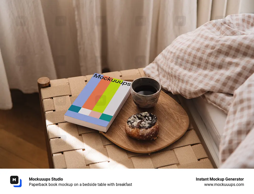 Paperback book mockup on a bedside table with breakfast
