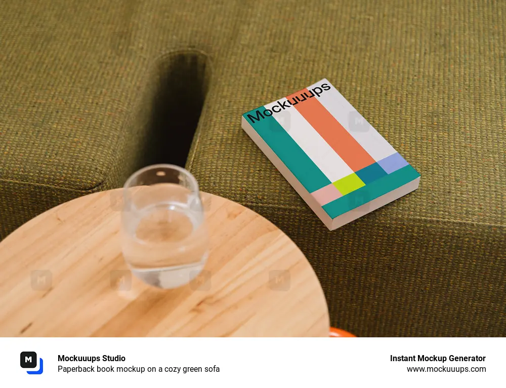 Paperback book mockup on a cozy green sofa
