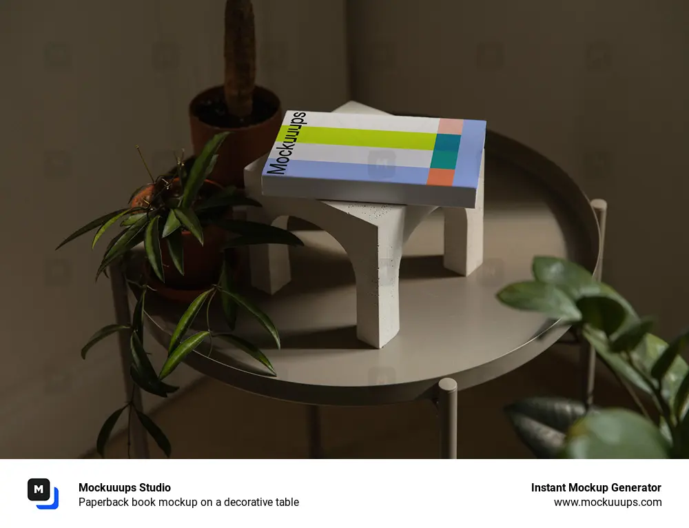 Paperback book mockup on a decorative table