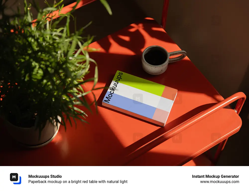 Paperback mockup on a bright red table with natural light