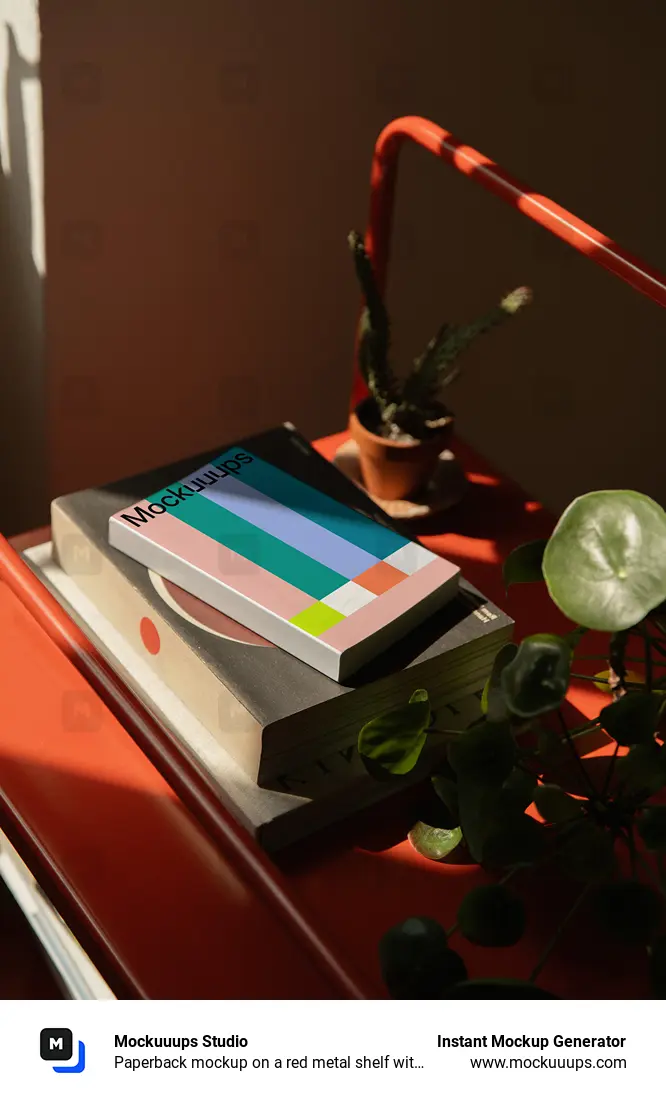 Paperback mockup on a red metal shelf with plants