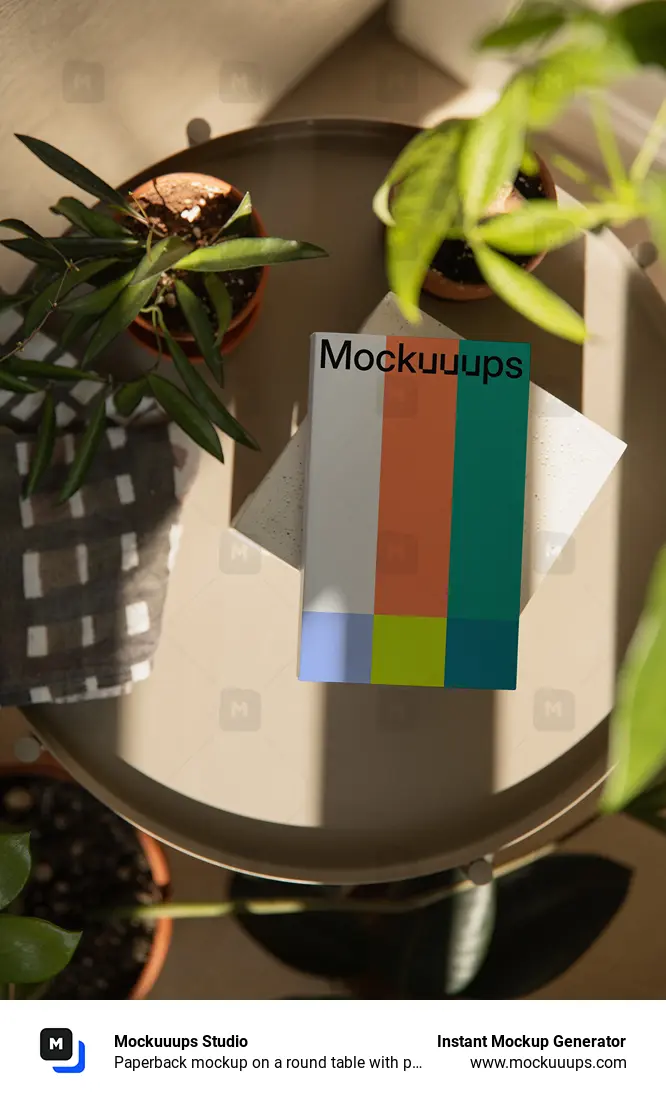 Paperback mockup on a round table with plants