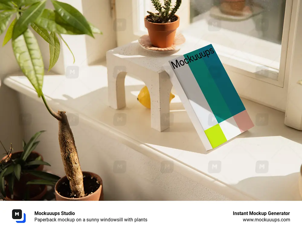 Paperback mockup on a sunny windowsill with plants