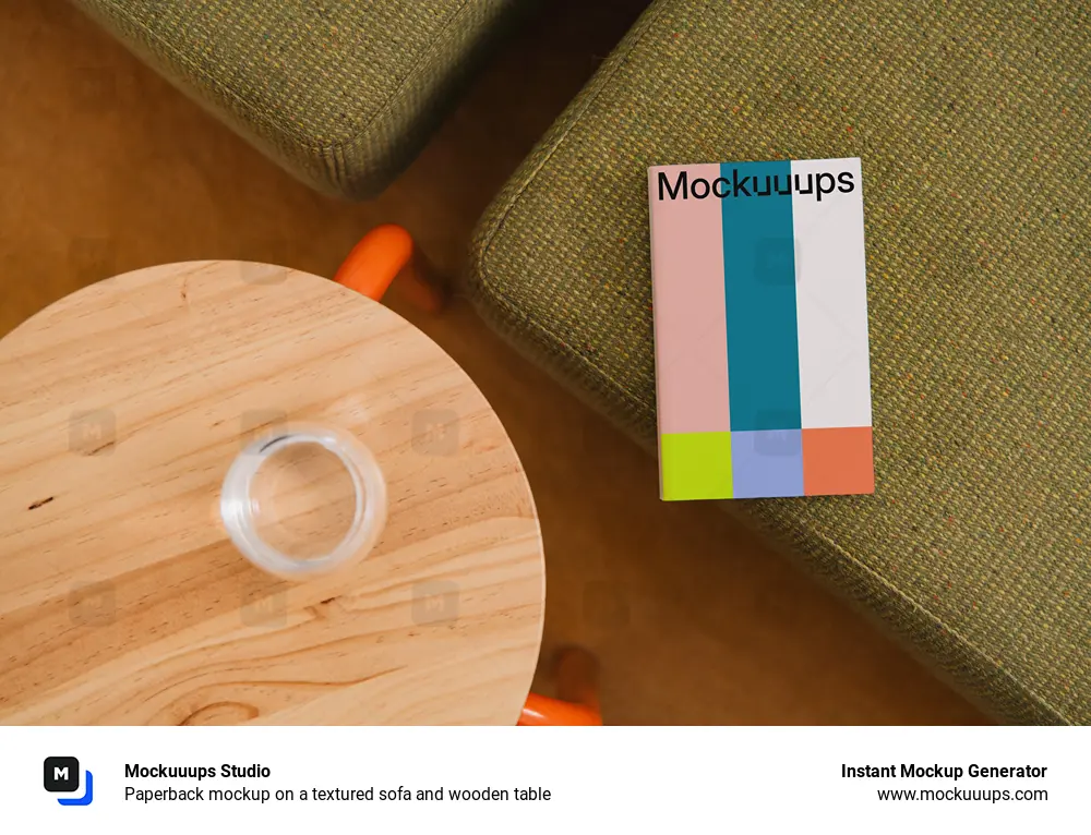 Paperback mockup on a textured sofa and wooden table