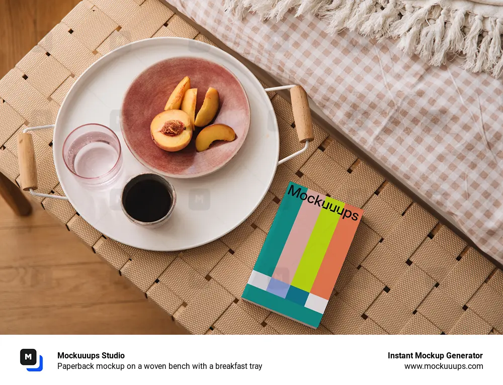 Paperback mockup on a woven bench with a breakfast tray