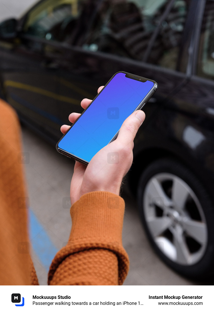 Passenger walking towards a car holding an iPhone 11 mockup